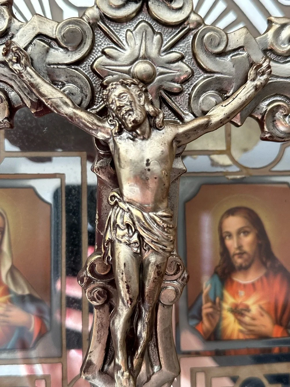Catholic Antique Ornate Framed Reverse Painted Mirror Shrine With Crucifix